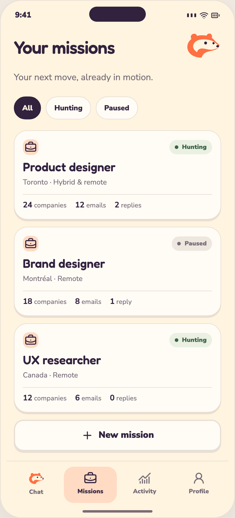 Écran Missions de l'app Seeklet listant plusieurs recherches